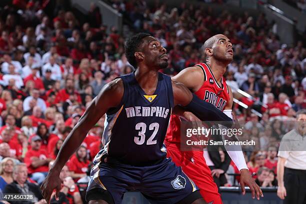 Jeff Green of the Memphis Grizzlies battles for position against Arron Afflalo of the Portland Trail Blazers in Game Three of the Western Conference...