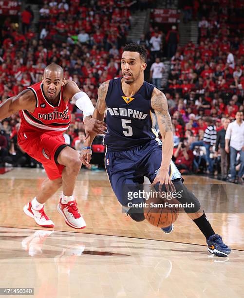 Courtney Lee of the Memphis Grizzlies drives against the Portland Trail Blazers in Game Three of the Western Conference Quarterfinals during the 2015...