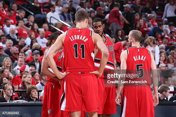 The Portland Trail Blazers huddle during a game against the Memphis Grizzlies in Game Three of the Western Conference Quarterfinals during the 2015...