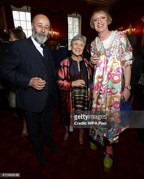 Richard Young, Joan Burstein and Grayson Perry attend a reception for the London College of Fashion at St James's Palace on April 28, 2015 in London,...