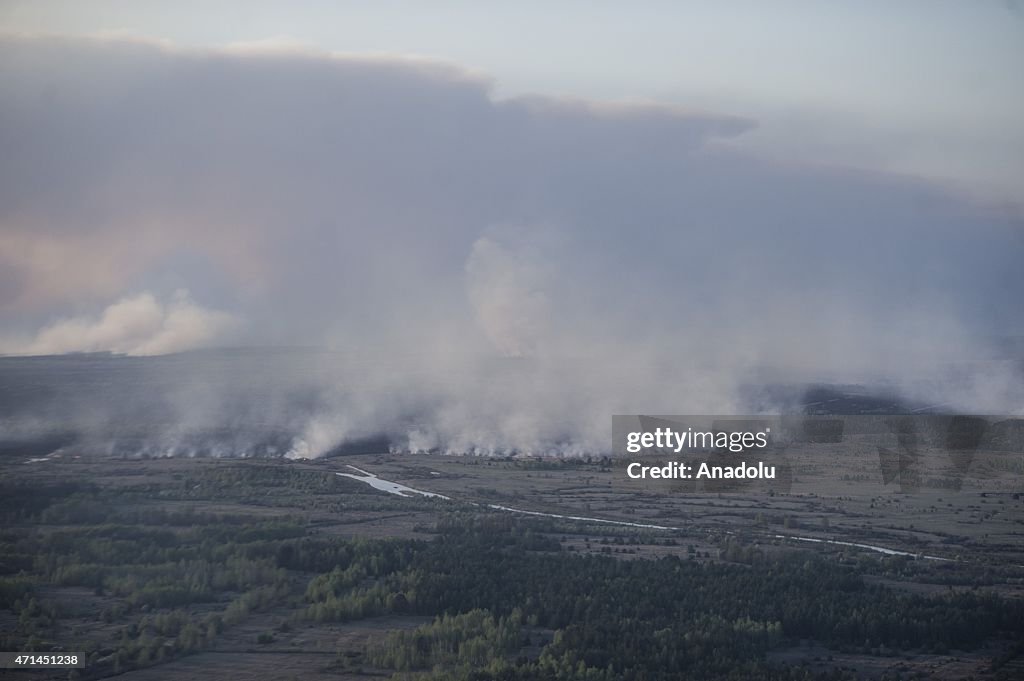 Forest fire at Chernobyl Exclusion Zone in Ukraine