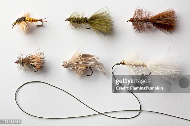 grupo de pesca con mosca vuela o atrae sobre fondo blanco - sedal fotografías e imágenes de stock