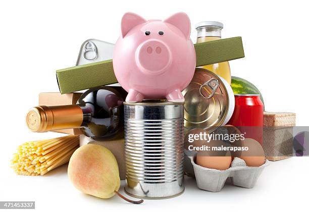 groceries with piggy bank - canned food on white stock pictures, royalty-free photos & images