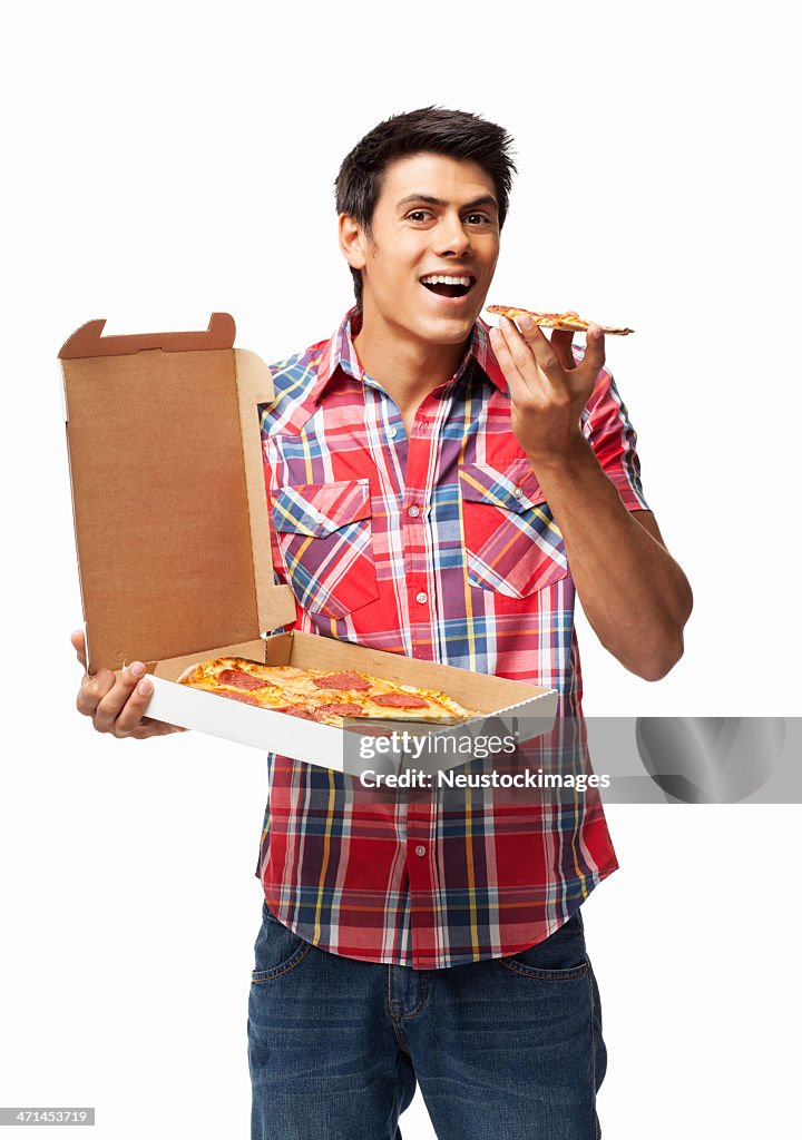 Homem com fatia de Pizza de Pepperoni-isolada