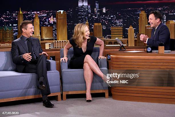 Episode 0251 -- Pictured: Actor Jeremy Renner and actress Edie Falco during an interview with host Jimmy Fallon on April 28, 2015 --