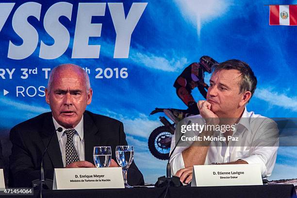 Argentine Tourism Minister Enrique Meyer and Dakar Rally director Etienne Lavigne during the competition's official presentation on April 28, 2015 in...
