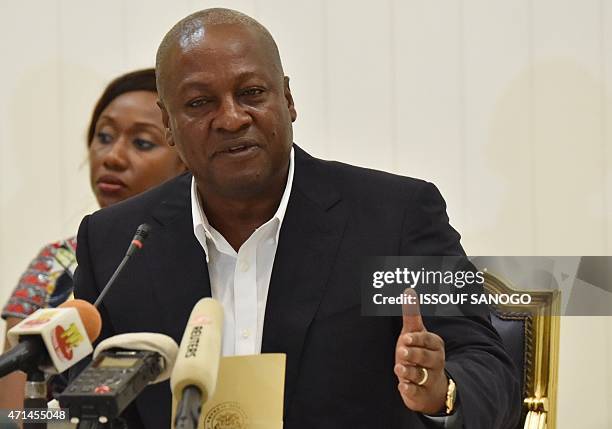 Ghanian President and ECOWAS Chairmen John Dramani Mahama speaks during a press conference after a meeting with Togo's President Faure Gnassingbe,...