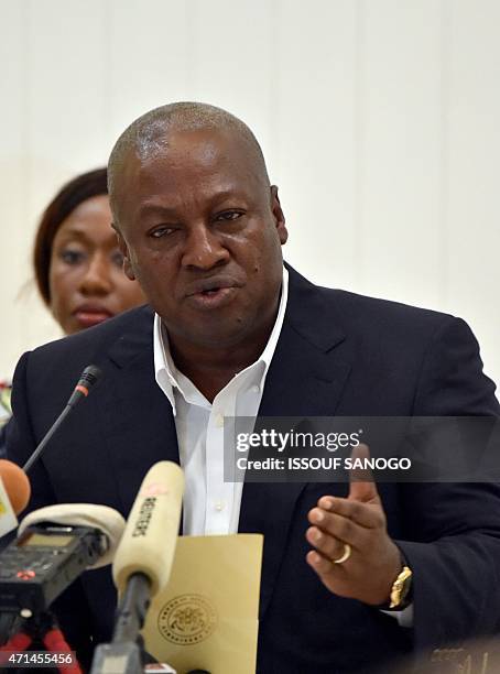 Ghanian President and ECOWAS Chairmen John Dramani Mahama speaks during a press conference after a meeting with Togo's President Faure Gnassingbe,...