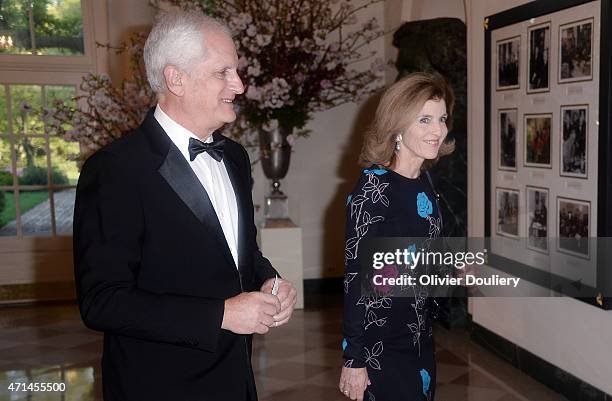 Caroline Kennedy, U.S. Ambassador to Japan, and Edwin Schlossberg arrive for the state dinner in honor of Japanese Prime Minister Shinzo Abe and wife...