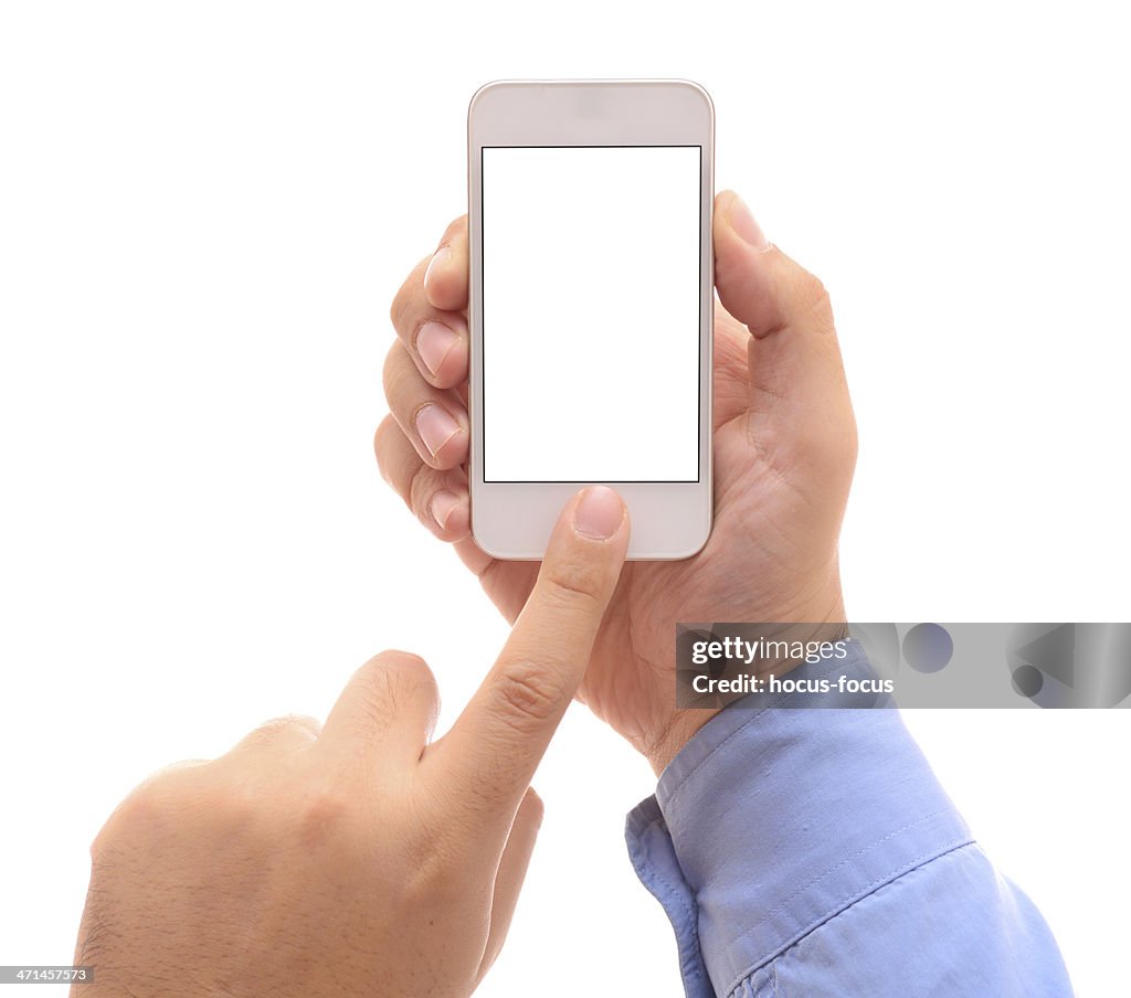 Man using white screen smart phone