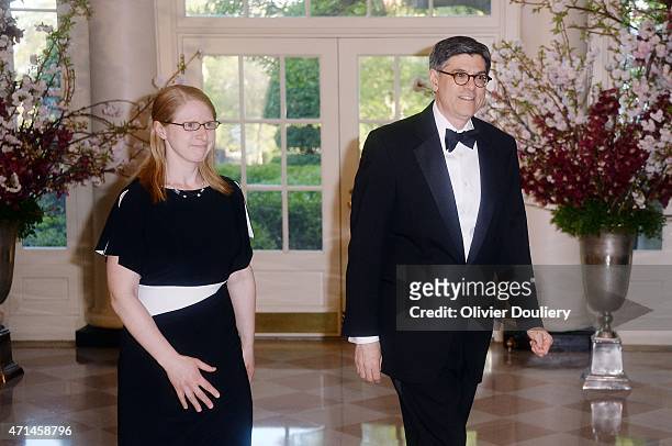 Secretary of the Treasury Jacob Lew and Shoshana Lew arrive for the state dinner in honor of Japanese Prime Minister Shinzo Abe and wife Akie Abe...
