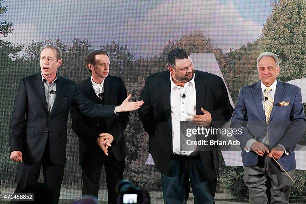 Actors Steve Buscemi, Michael Buscemi, Gino Orlando, and Anthony Laciura appear on stage during the AOL 2015 Newfront on April 28, 2015 in New York...