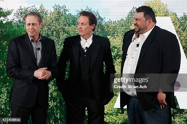 Actors Steve Buscemi, Michael Buscemi, and Gino Orlando appear on stage during the AOL 2015 Newfront on April 28, 2015 in New York City.