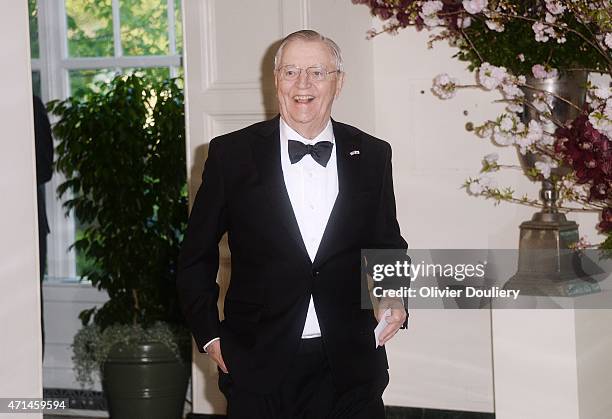 Walter Mondale, former Vice President of the United States arrives for the state dinner in honor of Japanese Prime Minister Shinzo Abe and wife Akie...