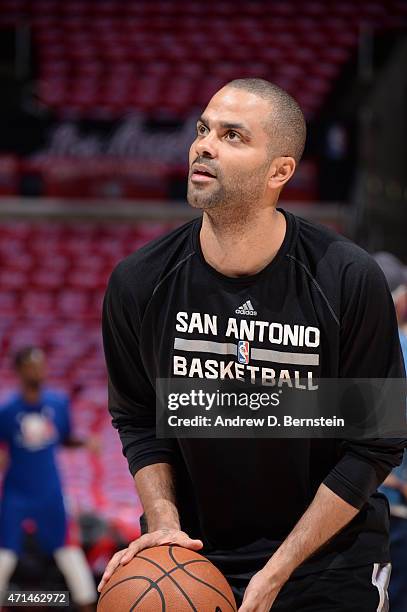 Tony Parker of the San Antonio Spurs warms up before Game Five of the Western Conference Quarterfinals against the Los Angeles Clippers during the...