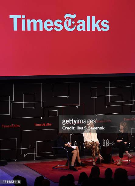 Cara Buckley, Kristen Wiig and Shira Piven speak during TimesTalks Presents an Evening With Kristen Wiig and Shira Piven at Times Center on April 28,...