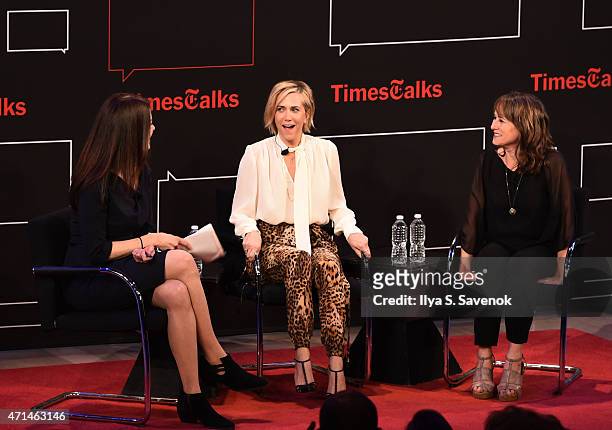 Cara Buckley, Kristen Wiig and Shira Piven speak during TimesTalks Presents an Evening With Kristen Wiig and Shira Piven at Times Center on April 28,...