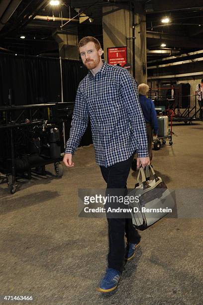 Matt Bonner of the San Antonio Spurs arrives for Game Five of the Western Conference Quarterfinals against the Los Angeles Clippers during the 2015...