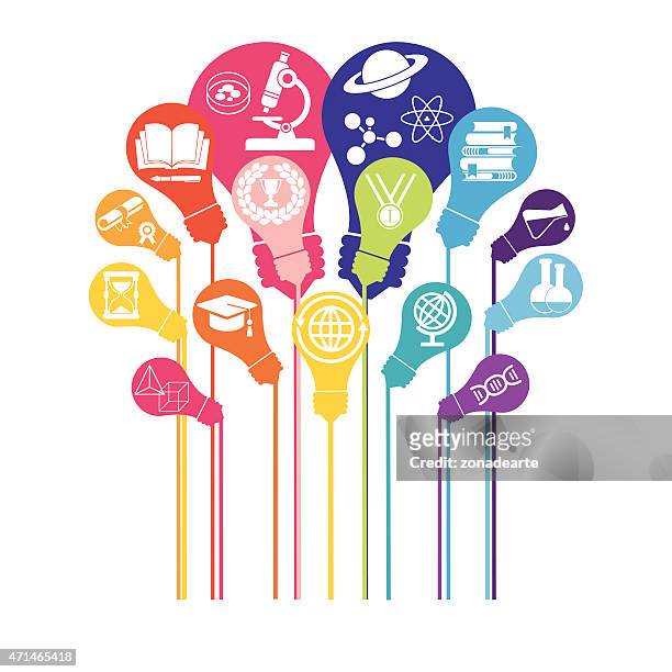 stockillustraties, clipart, cartoons en iconen met bulb with icons of education and technology - exam