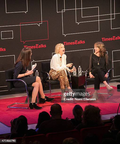 Cara Buckley, Kristen Wiig and Shira Piven attend TimesTalks Presents An Evening With Kristen Wiig And Shira Piven at Times Center on April 28, 2015...
