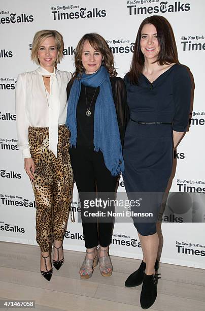 Kristen Wiig, Shira Piven, and Cara Buckley attend TimesTalks Presents An Evening With Kristen Wiig And Shira Piven at Times Center on April 28, 2015...