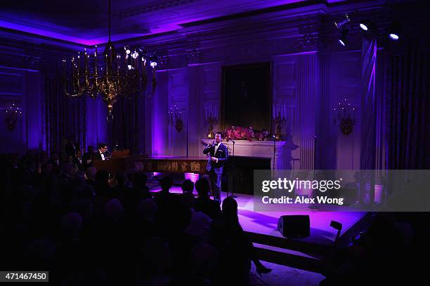 John Lloyd Young, a member of Jersey Boys, performs during a post-state dinner reception for Japanese Prime Minister Shinzo Abe and his wife Akie Abe...