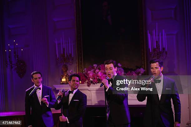 Members of Jersey Boys perform during a post-state dinner reception for Japanese Prime Minister Shinzo Abe and his wife Akie Abe April 28, 2015 in...