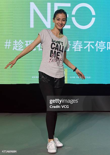 Model and actress Angelababy promotes Adidas's NEO on April 28, 2015 in Shanghai, China.