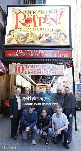 Cast & Creative team celebrate 10 Tony Award Nominations for 'Something Rotten!' outside the St. James Theatre on April 28, 2015 in New York City.