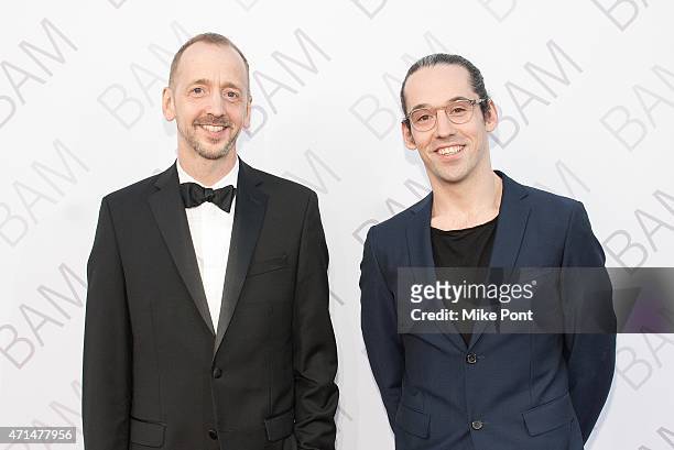 Choreographer John R. Jasperse and Stuart Singer attend the 2015 Karen Gala at the Duggal Greenhouse on April 28, 2015 in New York City.