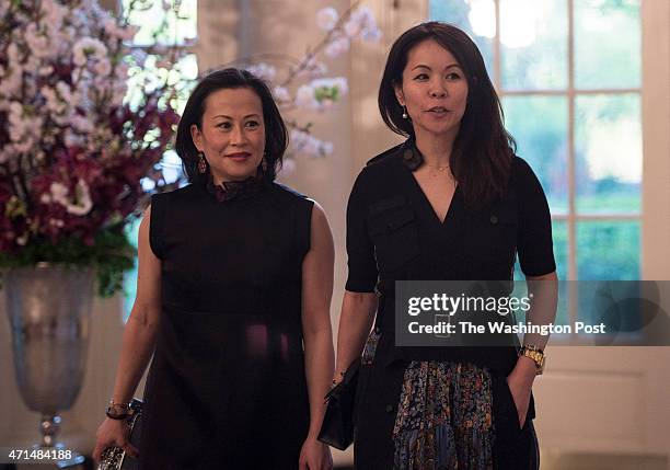 Miki Higasa and Chitose Abe, designer, arrive at the White House for a state dinner with the Japan's Prime Minister Shinzo Abe and his wife Akie...