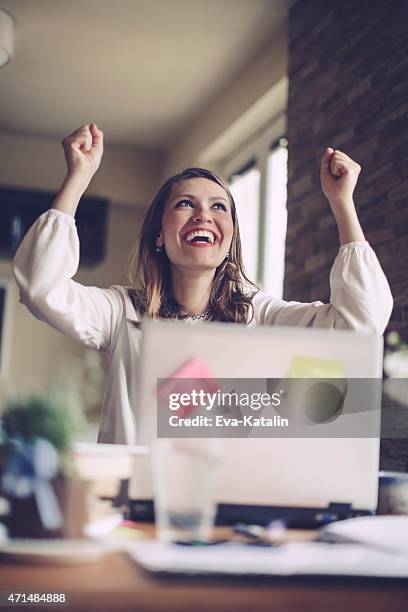 i did it! i got the project! - excited money computer stock pictures, royalty-free photos & images
