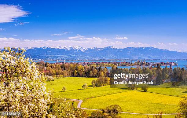 lindau and austrian alps at lake constance (bodensee) at spring - vorarlberg stockfoto's en -beelden