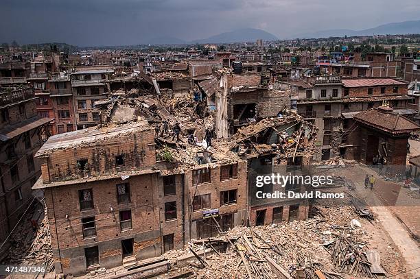 General view of damaged buildings as Nepalese victims of the earthquake search for their belongings on April 29, 2015 in Bhaktapur, Nepal. A major...