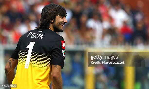 Mattia Perin of Genoa CFC looks on during the Serie A match between Genoa CFC and AC Cesena at Stadio Luigi Ferraris on April 26, 2015 in Genoa,...