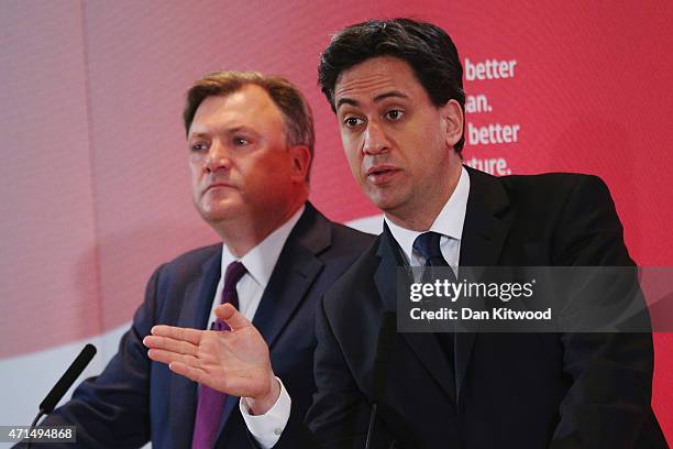 Labour leader Ed Miliband and Labour Shadow Chancellor Ed Balls speak to party members and members of the media during a Labour event on April 29,...
