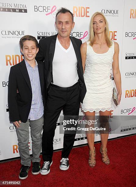 Actor Robert Knepper, wife Nadine Kary and son Ben Knepper arrive at the Los Angeles premiere of "Ride" at ArcLight Hollywood on April 28, 2015 in...