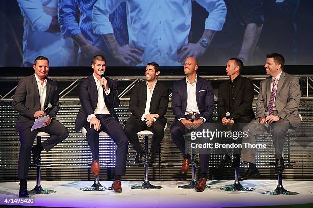 Matthew White, Jonathan Brown, Anthony Minichiello, Nathan Sharpe, Greg Murphy and Jason Bennett speak on stage during the UBET re-launch at...