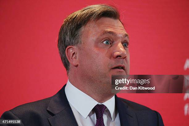 Labour Shadow Chancellor Ed Balls speaks to party members and members of the media during a Labour event on April 29, 2015 in London, England. Party...