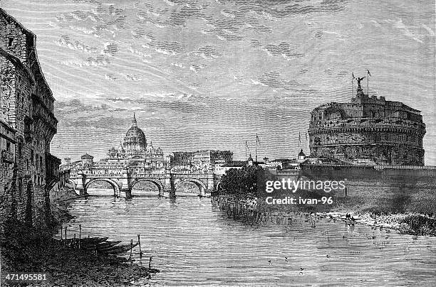 old illustration of tiber river and st. peter's basilica - castel sant'angelo 幅插畫檔、美工圖案、卡通及圖標