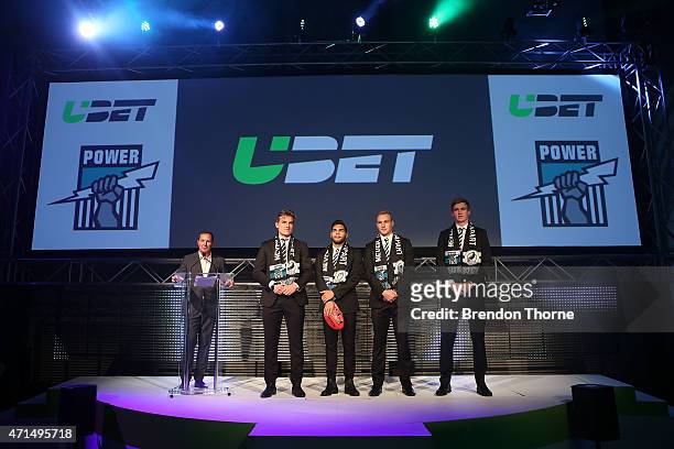 Oliver Wines, Jarman Impey, Johann Wagner and Dougal Howard pose on stage during the UBET re-launch at Carriageworks on April 29, 2015 in Sydney,...