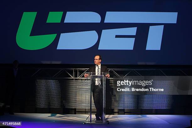 Tatts Group CEO, Robbie Cooke speaks on stage during the UBET re-launch at Carriageworks on April 29, 2015 in Sydney, Australia.