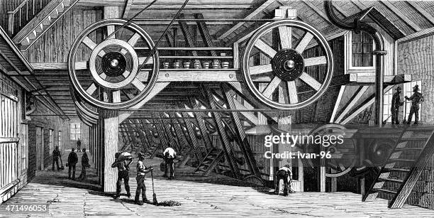 crushing silver ore - industrial revolution england stock illustrations