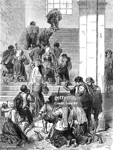 pilgrims penitent kneeling - pilgrimage stock illustrations