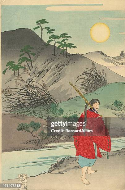 ilustraciones, imágenes clip art, dibujos animados e iconos de stock de vintage woodblock imprimir samuri japonés - arte-xilográfico-en-estilo-oriental