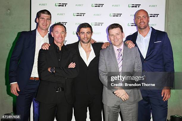 Jonathan Brown, Greg Murphy, Anthony Minichiello, Jason Bennett and Nathan Sharpe arrive for the UBET re-launch at Carriageworks on April 29, 2015 in...