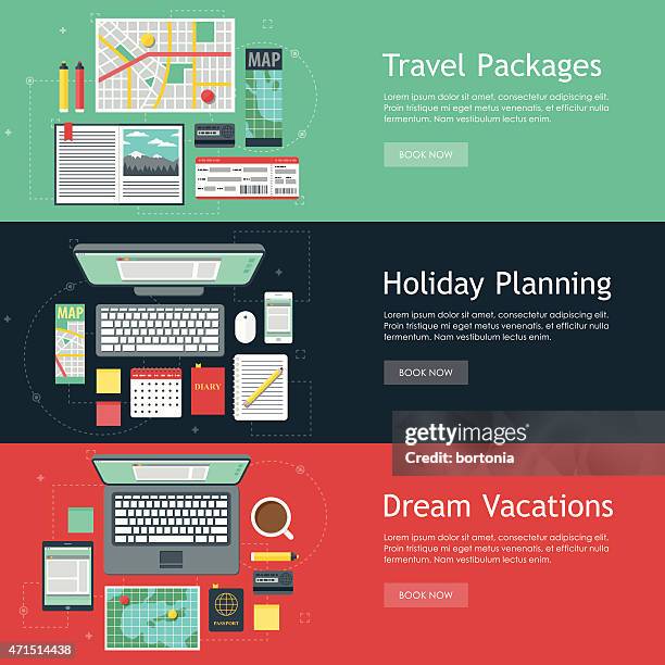 travel planning vector web banner set - office overhead view stock illustrations