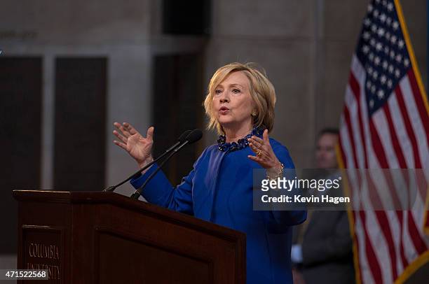 Democratic presidential hopeful and former Secretary of State Hillary Clinton speaks during the David N. Dinkins Leadership and Public Policy Forum...