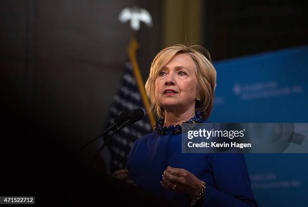 Democratic presidential hopeful and former Secretary of State Hillary Clinton speaks during the David N. Dinkins Leadership and Public Policy Forum...