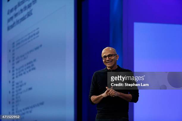 Microsoft CEO Satya Nadella delivers a keynote during the 2015 Microsoft Build Conference on April 29, 2015 at Moscone Center in San Francisco,...